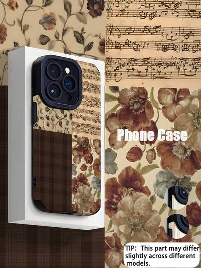 1 件复古花卉格子拼接音符条纹仿皮保护壳，适合作为生日、节日礼物送给朋友、家人、情侣，兼容 17/17 Air/17 Pro/17 Pro Max、16/16 Plus/16 Pro/16 Pro Max、15/15 Plus/15 Pro