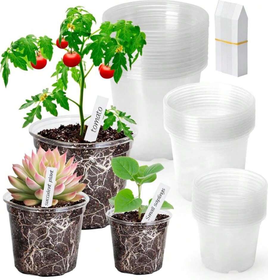 Clear Nursery Pots With Drainage Holes-36 Pack 3\/4\/5Inch Transparent Plastic Plant Pots For Seed Starting, High Visibility Root Growth Monitoring&Amp;50Plant Labels (Transparency-No Lid, 3\/4\/5in-36p) - ColorA - 查看 1