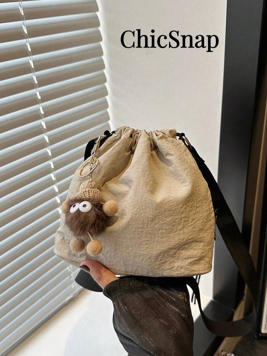 1pc Plush Pendant Accessory Included, 1pc Nylon Solid Color Drawstring Bucket Bag, Crossbody Shoulder Bag For Women, Fashion - Beige - View 1
