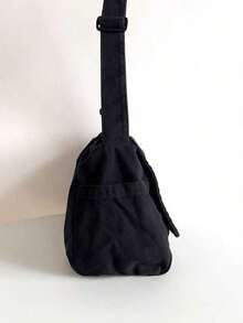 Vintage Minimalist Versatile Flap Shoulder Bag, Thick Washed Canvas Bag, Casual Versatile Large Capacity American Messenger Bag, College Style Japanese University Student Schoolbag, Short Trip Travel Bag, Simple Street Cloth Bag, Black Crossbody Bag , Old Money - 黑色 - 查看 7