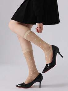 1/2/3/6双装心形印花薄纱中筒袜，轻盈透气，甜美又不失个性，日常及约会皆宜。 - 彩色 - 查看 2