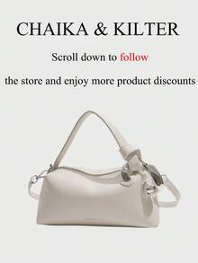 CHAIKA & KILTER 1 件装纯色亮面 PU 皮革手提包，女士休闲时尚托特水桶包，波士顿枕形包，字母金属装饰，顶部拉链封口，可拆卸可调节肩带，适合日常购物 - 白色 - 查看 4