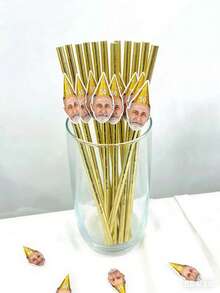 12支装定制人脸吸管 - 50岁生日装饰，男女通用 - 趣味生日吸管 - 照片吸管 - 55岁生日餐具装饰，多功能，装饰性强，可重复使用，精致时尚，色彩缤纷，现代时尚，可定制，个性化，独一无二，营造温馨氛围，秋季家居焕新，和谐家居 - 金色 - 查看 9