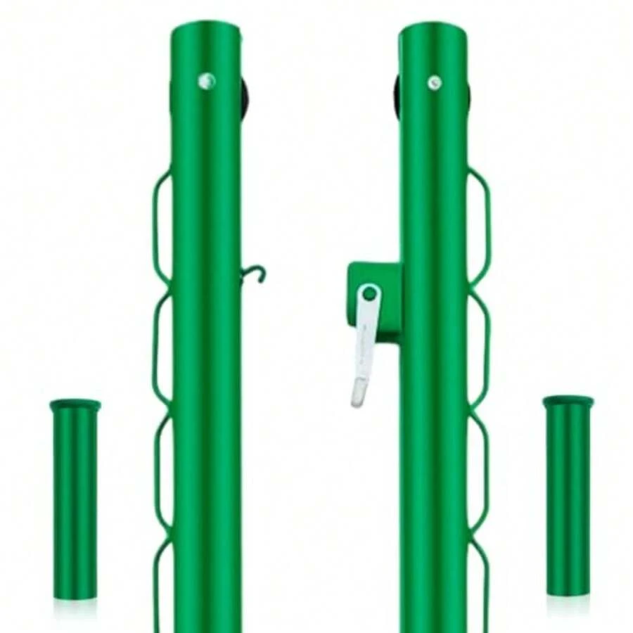 Tennis Posts with Net Crank Outdoor Heavy Duty Professional Green Tennis Permanent Court Kit for Net Quick Fixation System Equipped with a Cable Reel Round42 inches - como en la foto - Ver 1