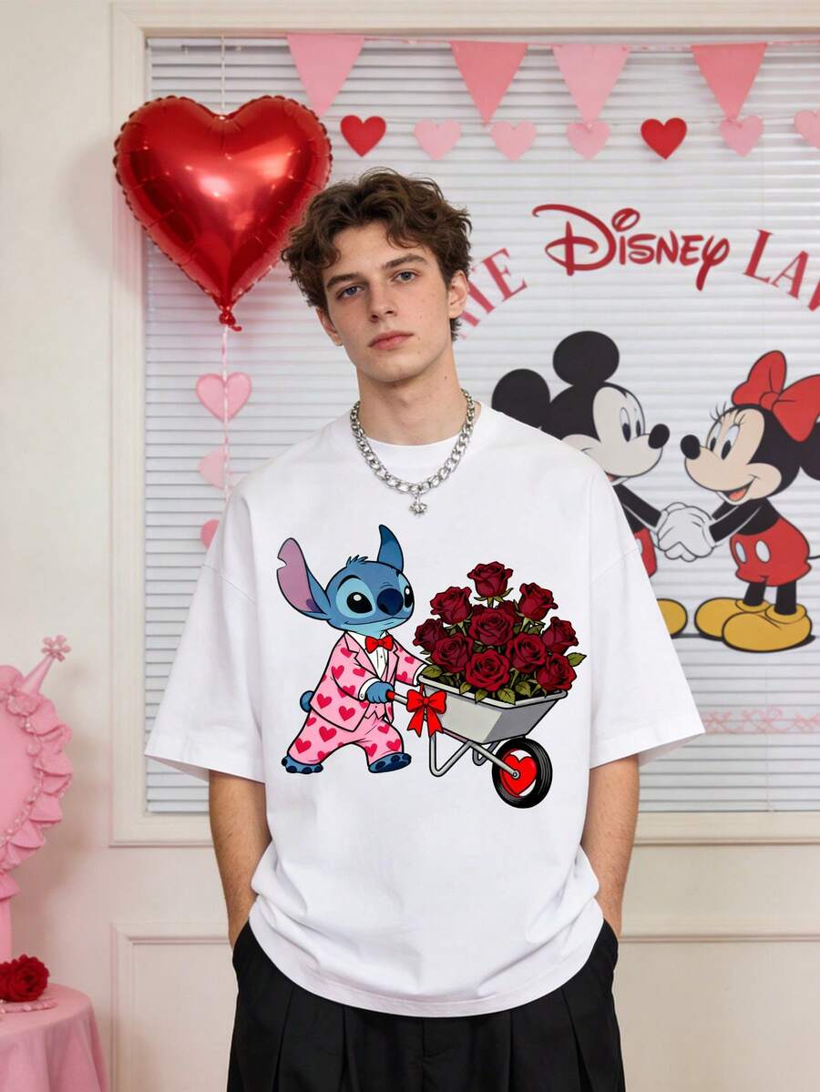 Valentine's Day Exclusive Disney Stitch Flower T-Shirt 180g Pure Cotton Comfortable Loose-Sleeved Top - 白色 - 查看 1