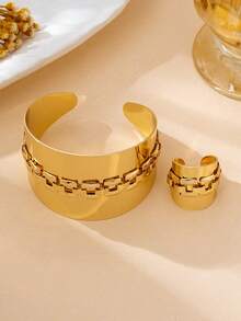 Bộ 2 chiếc vòng tay và nhẫn kiểu dáng cổ điển, thanh lịch, họa tiết hình học khối vuông, thích hợp cho các bữa tiệc, tiệc chiêu đãi và đeo hàng ngày. - Vàng - Xem 2