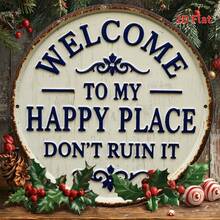 "Welcome To My Happy Place Don't Ruin It" Round Metal Tin Sign, Vintage Floral Wall Art Decor, Size 8 Inch (20x20cm) - Funny Sarcastic Plaque, Humorous Home Entrance Ornament, Front Door, Porch, Patio, Garden Fence, Backyard Signage, Living Room, Bedroom, Kitchen, Cafe, Bar, Office, Novelty Gift For Him Her, Waterproof Iron Plate, Pre-Drilled Holes, Rounded Edges, Polished Finish, Nostalgic Design, Household Accessory, Indoor Outdoor Sign, Sassy Quote, Personal Sanctuary, Minimalist Art, Apartment Essentials, Modern Wall Hanging, Decorative Shield, No Fade Print, Metal Label, Artistic Touch, Country Style - 彩色 - 查看 3