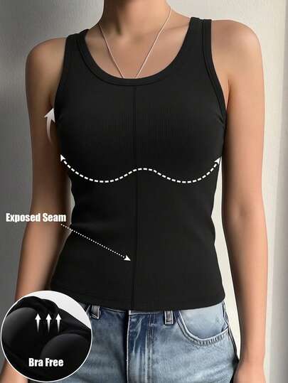1pc Basic Casual Comfortable Minimalist Women Tank Top With Padded Bust, Slim Fit Sleeveless Ribbed Camisole, Suitable For Daily Commute In All Seasons