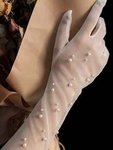 1 Pair White Faux Pearl Decor Elbow Length Gloves Wedding Autumn Accessories Valentine's Day Accessories - 白色 - 查看 4