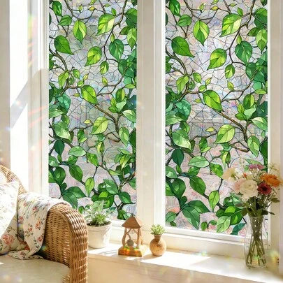1/3 piezas Película de ventana con efecto de prisma arcoíris, estática y reutilizable de PVC con diseño de Monstera tropical y hiedra, adecuada para puertas de vidrio corredizas, baños, dormitorios, oficinas y decoración del hogar.