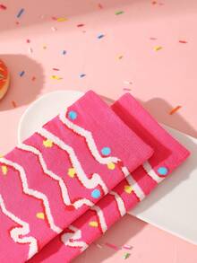 1双新款创意冰淇淋礼盒袜，男女通用中筒袜，彩色条纹图案，充满想象力的食物灵感设计，时尚多色舒适可爱复古休闲/学院风 - 紅色 - 查看 10