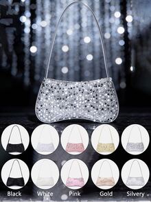 1pc Girl's New Fashion Sequin Elegant Shoulder Bag, High-End Baguette Bag, Fashionable Floral Sequin Baguette Bag, Evening Clutch, Wallet, Coin Purse, Black, White, Pink, Gold, Silver, Suitable For Daily, Party, Travel, Ideal Gift - Multicolor - View 1