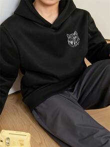 男童休闲印花套头卫衣，保暖内衬，长袖，秋冬季学生青少年服装 - 黑色 - 查看 3