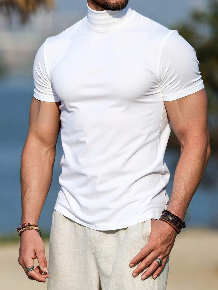 ALTZTAR 男士宽松薄款高领短袖T恤，简约时尚，适合夏季穿着 - 白色 - 查看 1