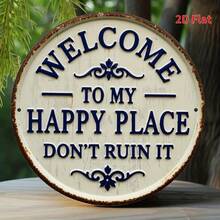 "Welcome To My Happy Place Don't Ruin It" Round Metal Tin Sign, Vintage Floral Wall Art Decor, Size 8 Inch (20x20cm) - Funny Sarcastic Plaque, Humorous Home Entrance Ornament, Front Door, Porch, Patio, Garden Fence, Backyard Signage, Living Room, Bedroom, Kitchen, Cafe, Bar, Office, Novelty Gift For Him Her, Waterproof Iron Plate, Pre-Drilled Holes, Rounded Edges, Polished Finish, Nostalgic Design, Household Accessory, Indoor Outdoor Sign, Sassy Quote, Personal Sanctuary, Minimalist Art, Apartment Essentials, Modern Wall Hanging, Decorative Shield, No Fade Print, Metal Label, Artistic Touch, Country Style - 彩色 - 查看 9