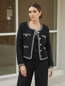 Áo khoác dạ hội dài tay cài cúc phía trước, chất liệu vải dệt, kiểu dáng thanh lịch, thích hợp cho các buổi tiệc tối. - màu đen - Xem 8