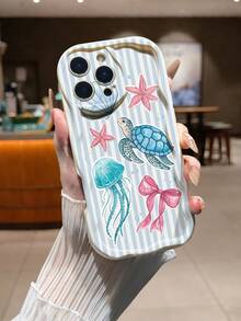 奶油色波浪条纹海洋元素彩绘防摔手机壳，兼容/Galaxy/兼容 - 彩色 - 查看 1