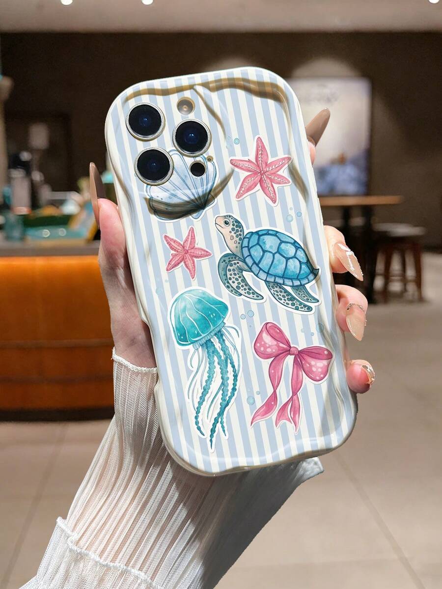 奶油色波浪条纹海洋元素彩绘防摔手机壳，兼容/Galaxy/兼容 - 彩色 - 查看 1