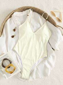 Women's Sexy Solid Color One-Piece Swimsuit, Summer Beach Vacation - Beige - View 3