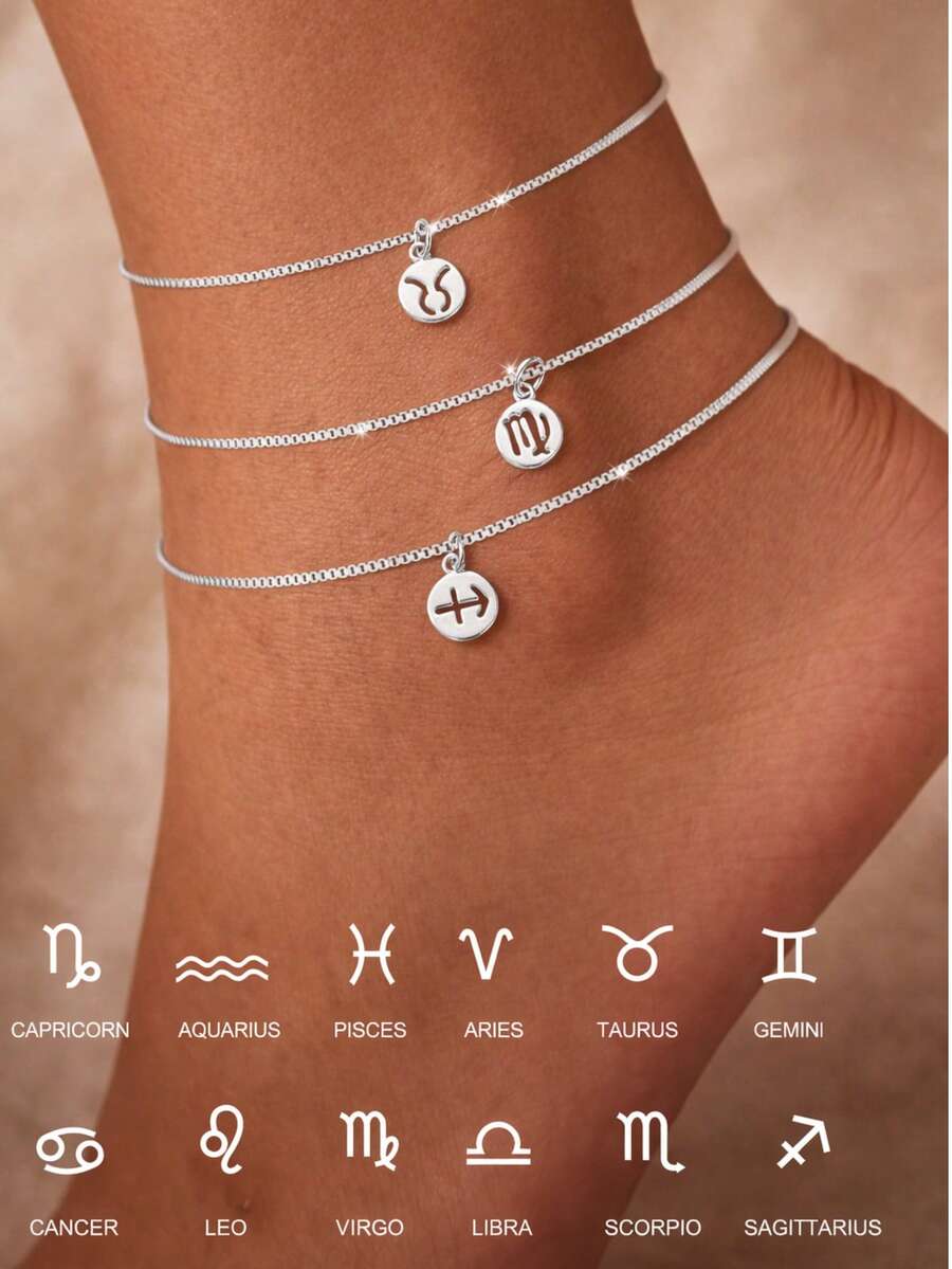 FOREVER QUEEN 1pc Women's 12 Zodiac Constellations Adjustable Silver Tone Anklet, Birthday Gift For Girls, Beach Foot Chain - Anklet - View 1