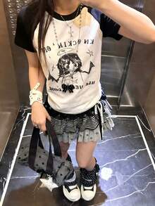 Y2K甜美哥特风插肩袖印花T恤，女款宽松动漫少女印花休闲街头风上衣 白色夏季 - 白色 - 查看 5