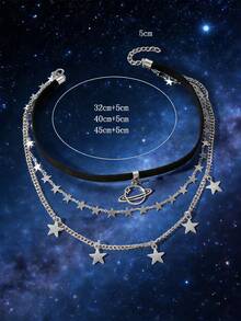 1 pieza Collar con colgante de estrella metálica de varias capas hecho a mano, color plateado - Plateado - Ver 11