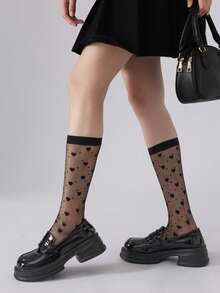 1/2/3/6双装心形印花薄纱中筒袜，轻盈透气，甜美又不失个性，日常及约会皆宜。 - 彩色 - 查看 8