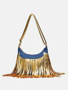 1个女士金色流苏单肩包，复古时尚派对风高端女士手提包，牛仔布拼接流苏设计，赛博朋克风格女士单肩/斜挎包，可调节肩带，适合复古女孩和时尚爱好者，适合工作通勤、舞台表演、度假、派对等各种场合，中号 - 金色 - 查看 5