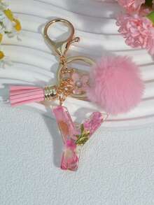 1pc Dried Flower Letter Keychain Resin Pendant Daisy Flower Keyring, Pink Gift With Pom Pom Tassel Charm - Pink - View 26