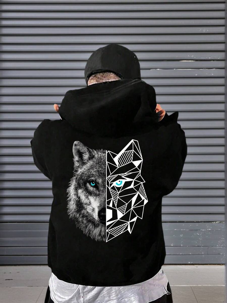 男童休闲印花套头卫衣，保暖内衬，长袖，秋冬季学生青少年服装 - 黑色 - 查看 1