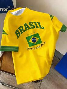 Herren 3D Brasilien Flagge Muster T-Shirt, lässiger Sportsommer Kurzarm-Oberteil, bequemes Rundhals Design - Gelb - Übersicht 3