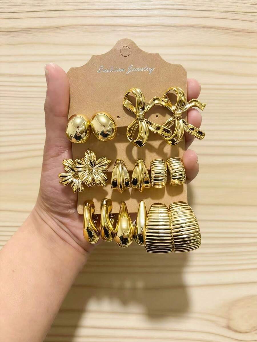4-16pcs Gold Butterfly, Plum Blossom, C-Shape Earring Set, Suitable For Daily, Date, Vacation, Holiday Wear - Gold - View 1