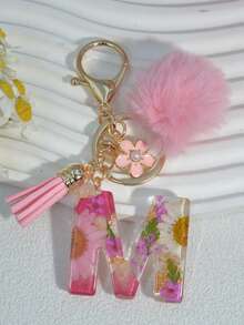 1pc Dried Flower Letter Keychain Resin Pendant Daisy Flower Keyring, Pink Gift With Pom Pom Tassel Charm - Pink - View 21