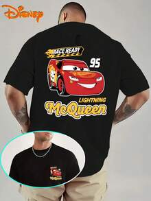 Disney Men's Casual T-Shirt, Featuring A Red Cartoon Car Pattern From "Cars", Full Of Dynamic Racing Atmosphere, Suitable For Disney Outings, Parent-Child Outfits, Street Gatherings And Other Scenes - 黑色 - 查看 1