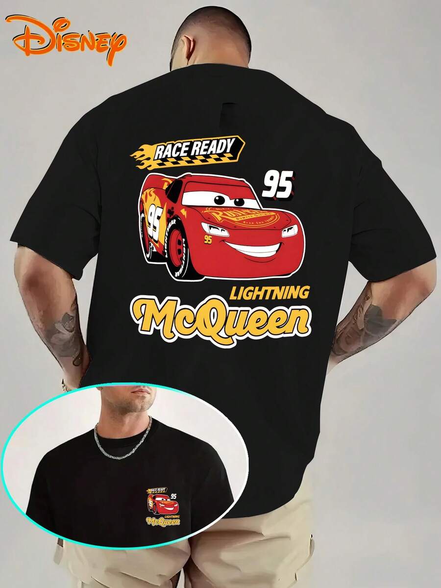 Disney Men's Casual T-Shirt, Featuring A Red Cartoon Car Pattern From "Cars", Full Of Dynamic Racing Atmosphere, Suitable For Disney Outings, Parent-Child Outfits, Street Gatherings And Other Scenes - 黑色 - 查看 1