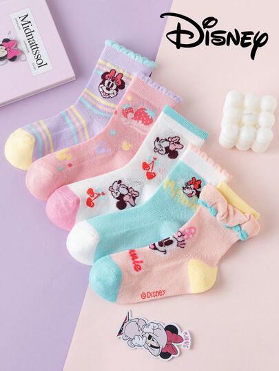 Disney 10/5 Pairs Children's Lace Mesh Socks, Minnie Mouse & Princess Lace Socks, Cute Summer Mesh Socks For Girls, Elsa Princess Mid-Calf Socks, Cartoon Breathable Socks For Boys, Baby & Student Summer Socks
