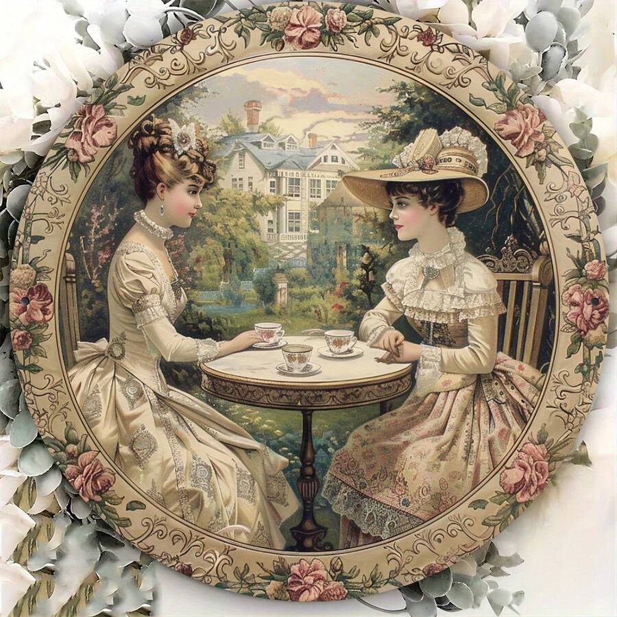 2D Graphic Design, 1 Piece 2D Graphic Printed Metal Iron Sign, Victorian Garden Tea Party Theme, 8x8inch Round Retro Decorative Wall Art, Elegant Lady And Garden Scene, Suitable For Tea Room, Study, Restaurant And Cafe Decoration, Handicraft Tools And Materials, 2D Graphic Version - Multiple - View 1