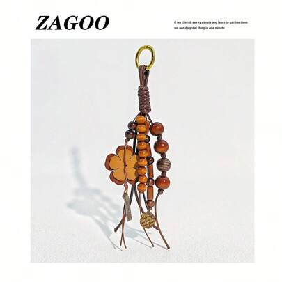 1 pieza Accesorio vintage para bolso con borlas y cuentas, colgante de cuero hecho a mano con flores, colgante de cuerda trenzada con cuentas de madera