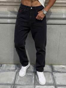 Men's Black Straight Leg Jeans, Casual College Street Style Minimalist Fashion, All Season - Black - View 1