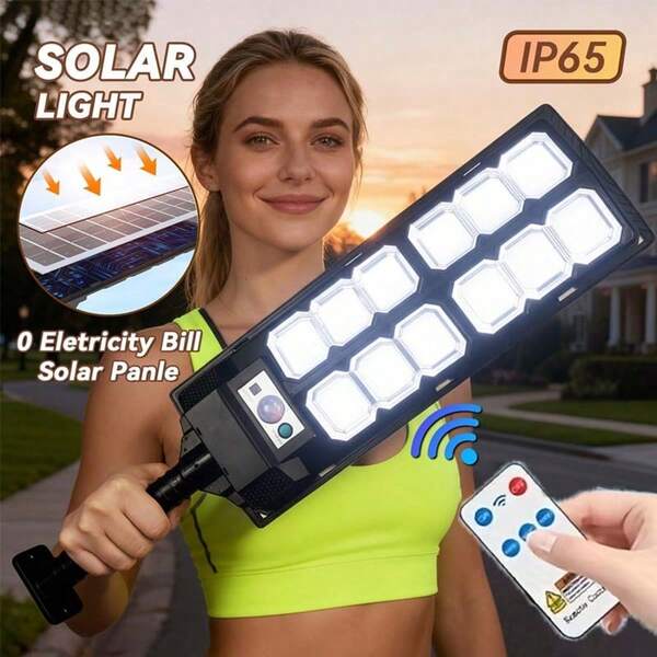 1 pieza Luz solar con 96/144/192/288 LED con control remoto y sensor de movimiento, lámpara de camino exterior, luz de pared exterior alimentada por panel solar, 3 modos de iluminación, de anochecer a amanecer - Adecuada para patio, jardín, villa, entrada de tienda, plaza comercial y campo deportivo, iluminación esencial para el Día de San Valentín, Día de la Madre, Ramadán