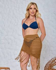 Saia Curta Assimétrica Tricô de Carnaval Saída de Praia com Franjas - Marrom - Visão 6