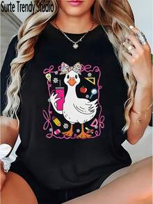 T-shirt con estampado de pato chic estilo mexicano alegre y colorido con detalles florales y cóctel  2023 moda juvenil casual para mujer diseño único camiseta individual ideal para destacar en reuniones y eventos busca pato fashion en México camiseta moderna y divertida - Negro - Ver 1