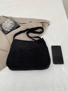 New Large Capacity Velvet Shoulder Bag, Casual Crossbody Bag, Cloth Bag, Commuting Travel Cloth Bag, College Student Bag - Black - View 4