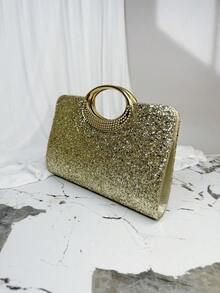 Women's Sequin Evening Clutch Bag, Sparkling Sequin Decor Square Handbag With Round Handle, Glamorous Shiny Tote Bag, Ideal For Pairing With Evening Gowns, Dresses, Cocktail Dresses For Formal Events, Parties, Weddings, Galas, An Excellent Holiday Gift For Women - Gold - View 6