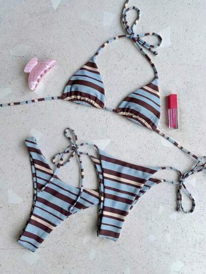 女士夏季休闲蓝棕条纹印花吊带两件式泳衣搭配印花泳裤，日本多功能时尚三件套沙滩套装