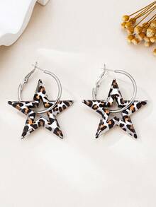 1对心形新款返校派对时尚耳环，金色圆环耳环，饰有3D五角星心形装饰 - 銀色 - 查看 5