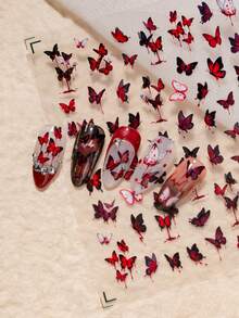 1pc Gothic Style Nail Art Sticker, Featuring Red-Black Gradient Butterflies With "Blood Stain" Effect And Hollow Blood Vein Butterflies, Creating A Broken And Mysterious Aesthetic, Suitable For Personalized And Niche Dark Style Manicure - Multicolor - View 2