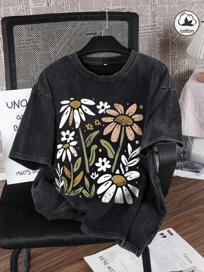 RELL 女士纯棉复古“花卉”图案时尚休闲水洗T恤，柔软舒适，适合日常穿着，嘻哈Y2K风格，百搭街头服饰，可机洗。