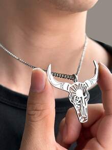 Stainless Steel Bull Head Pendant Necklace, Punk Fashion Cool Style, Suitable For Daily Wear, Bars, Music Festivals - Necklace - View 2