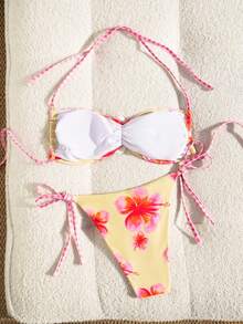 Conjunto de bikini de halter con estampado floral elegante y lindo, con lazo delantero, para vacaciones, playa, noche y citas de verano - Multicolor - Ver 4